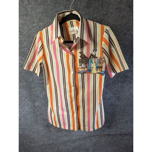 Hamilton Dallas Tops - Vintage 70s Hamilton Dallas Retro Graphic Button Up Shirt Striped Piano Lady Top